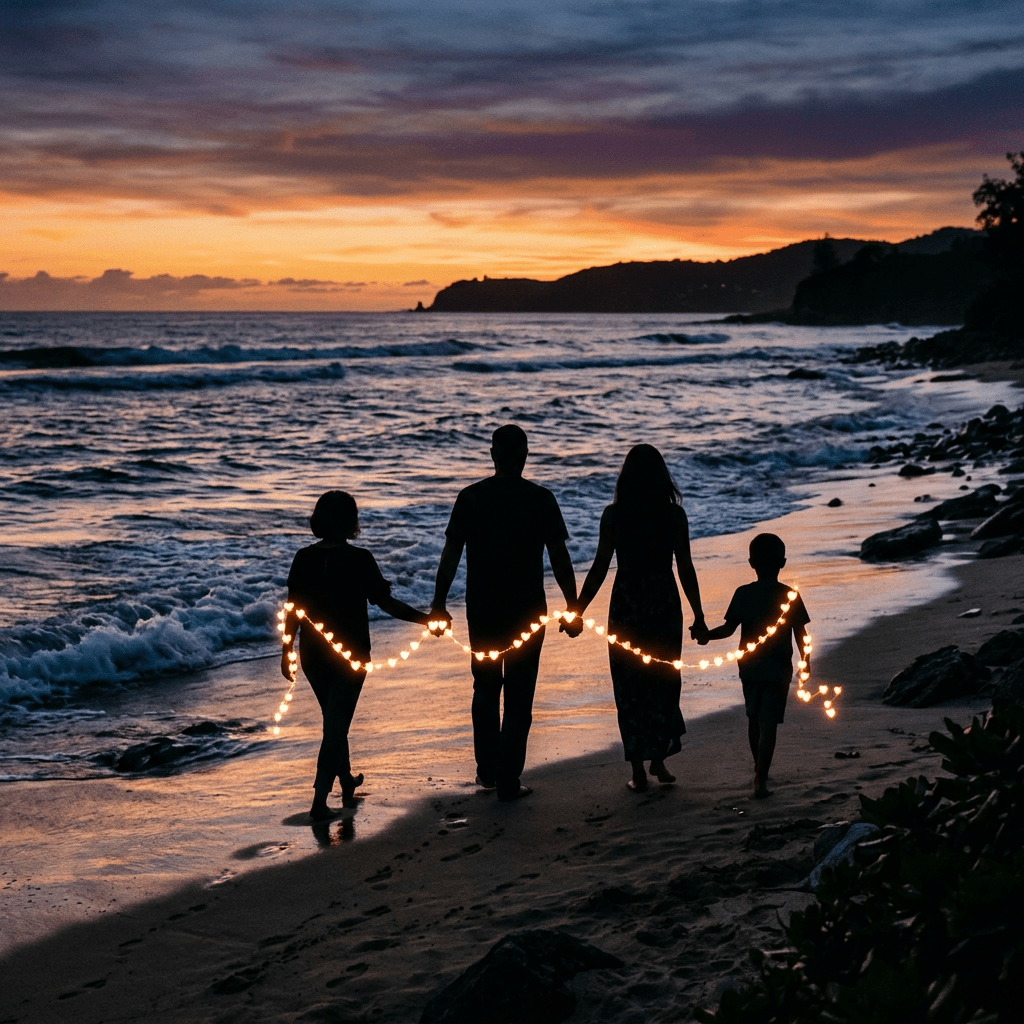 Family of four walking on beach at sunset holding string lights