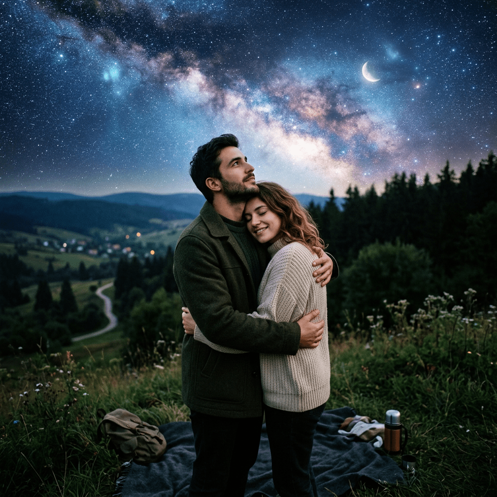 Couple hugging outdoors at night with a star-filled sky and crescent moon overhead
