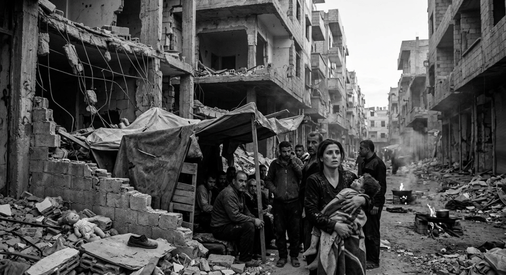 Group of displaced people amidst ruins of bombed buildings, woman holding child