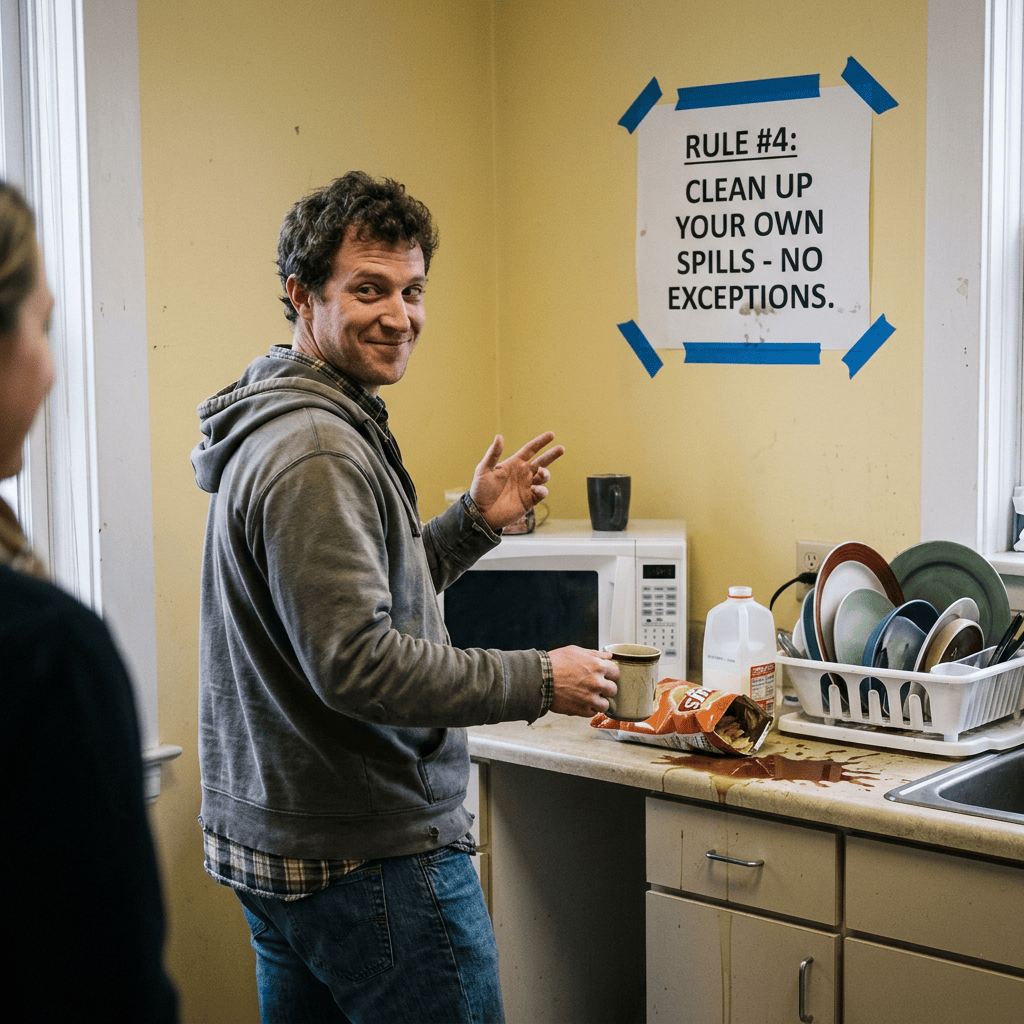 Man holding a mug near spilled chips and liquid on kitchen counter with cleanup rule sign