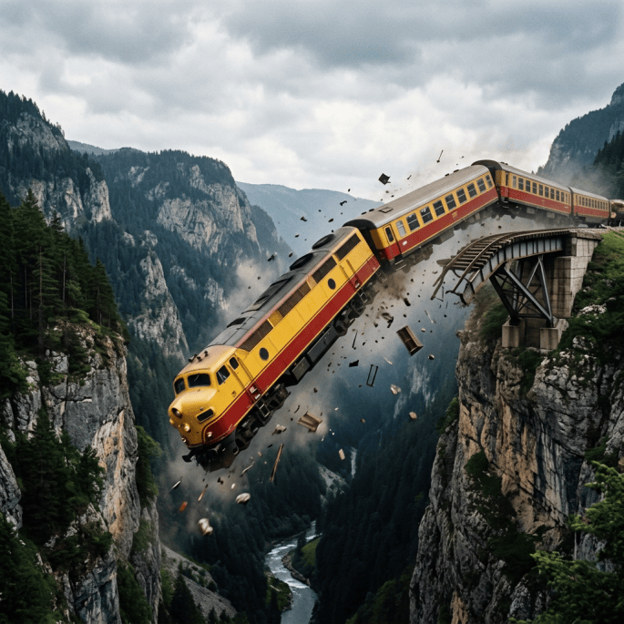 Red-and-gold passenger train breaking through a bridge over a mountain gorge
