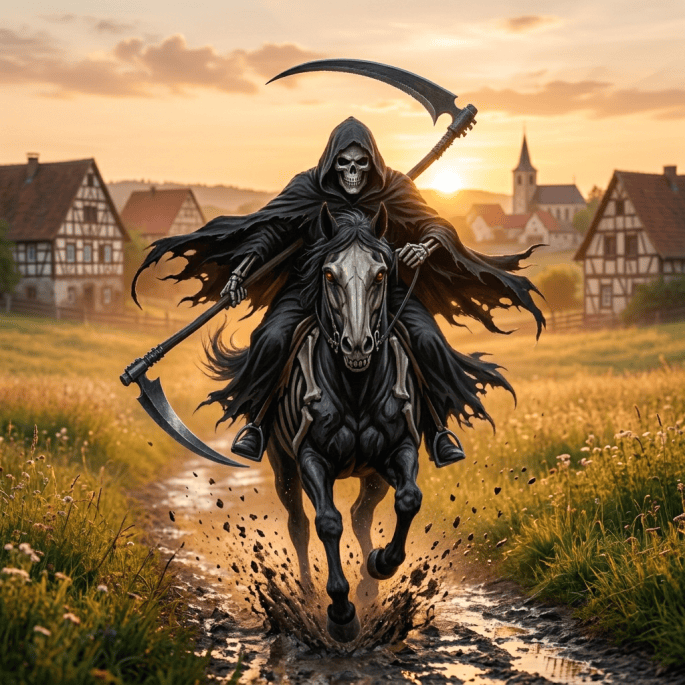 Hooded skeletal rider carrying a scythe on a black horse